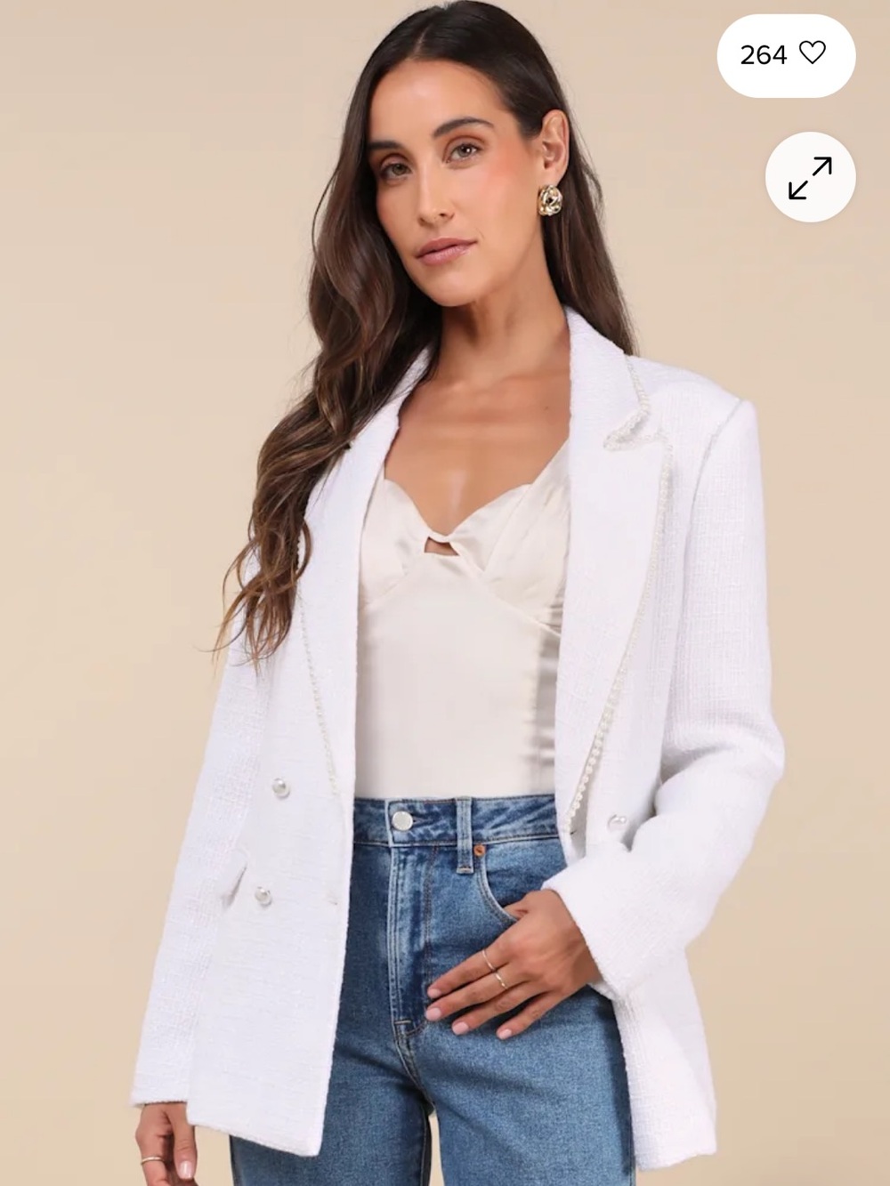 Lulu’s Polished Personality White Tweed Pearl Double Breasted Blazer